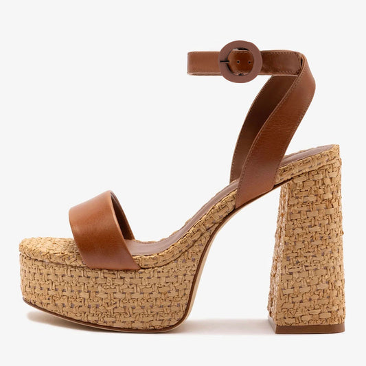 Brown Open Round Toe Woven Details Platform Strap Heels Sandals