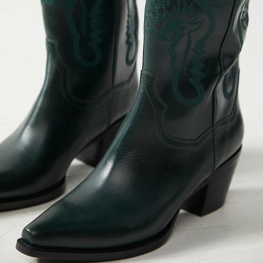 Dark Green Pointy Toe Embroidered Mid-Calf Cowgirl Boots for Women