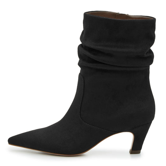 Black Chunky Heel Slouchy Vegan Suede Ankle Boots with Zipper