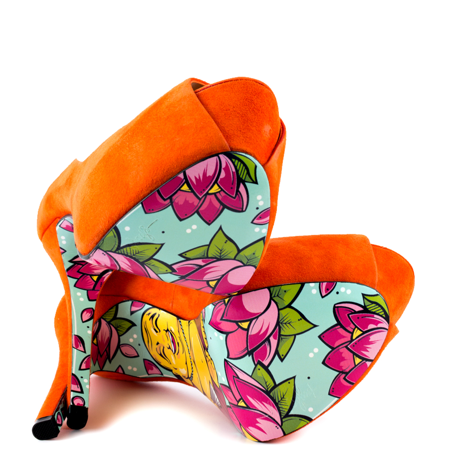 Women's Orange Stiletto Heels Peep Toe Print Outsole Platform Pumps