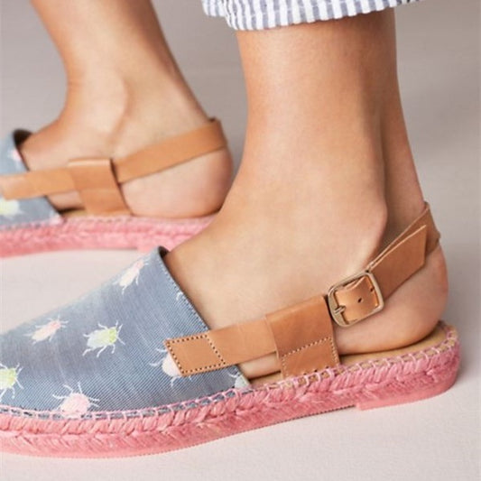 Light Blue Printed Fabric Round Toe Buckle Slingback Espadrille Flats