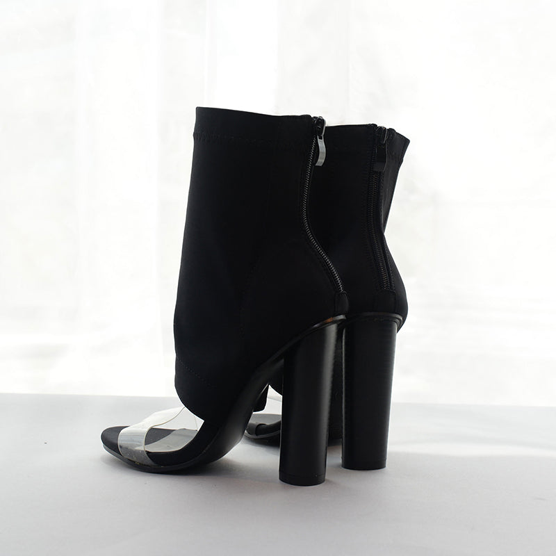 Black Transparent Band Open Toe High Heel Ankle Boots