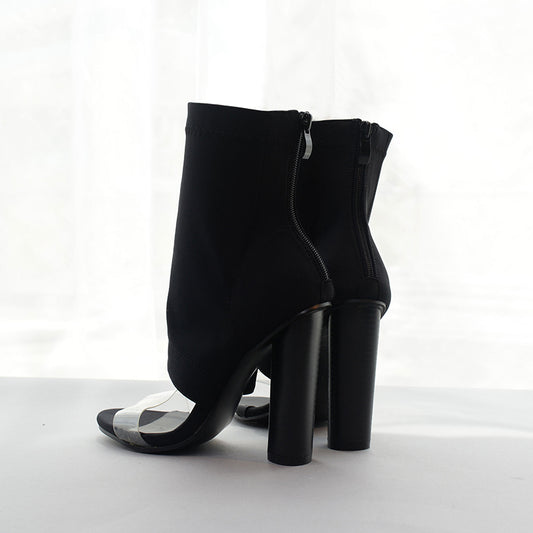 Black Transparent Band Open Toe High Heel Ankle Boots