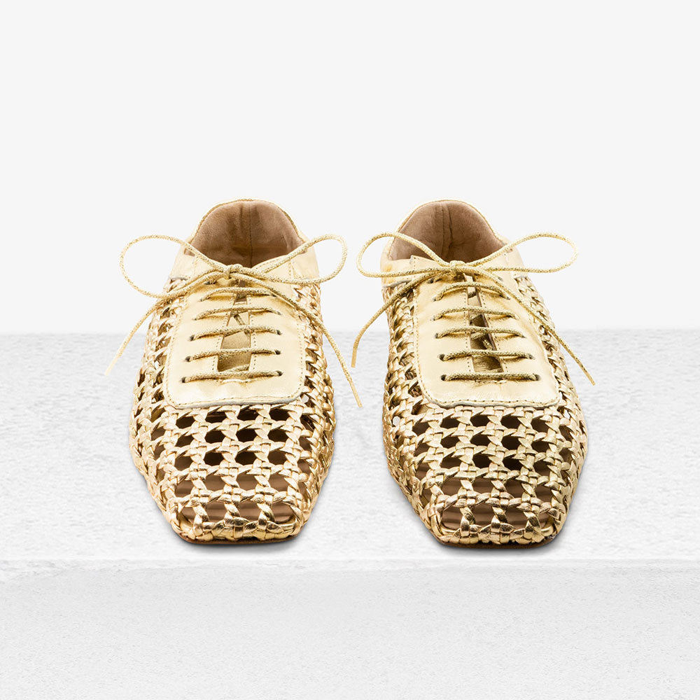 Vegan leather Square Toe Woven Flats Lace-Up Shoes in Gold