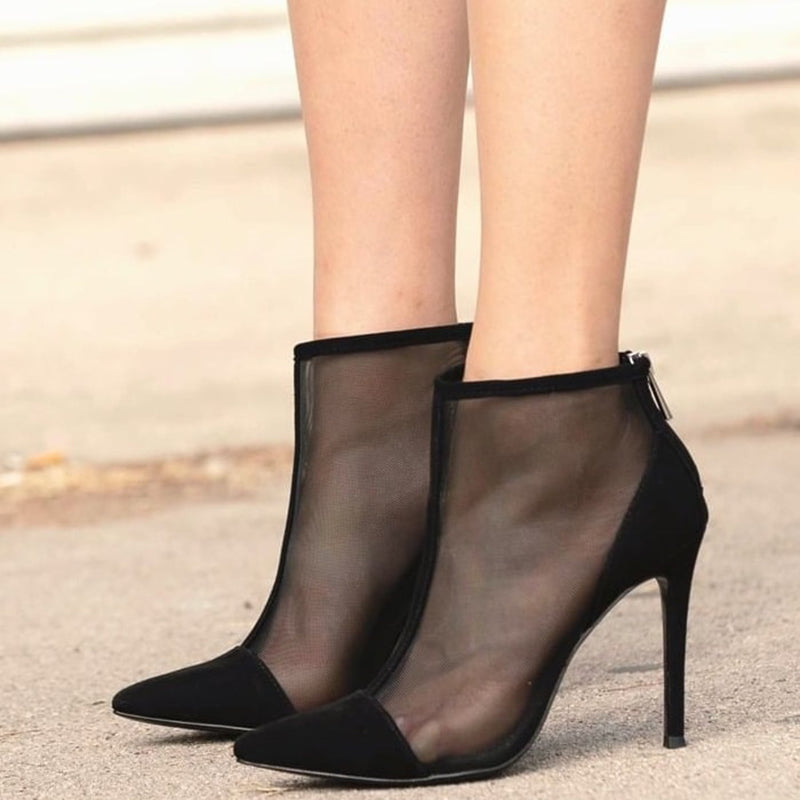 Black Mesh Pointed Toe Zipper Stiletto Heel Party Ankle Boots