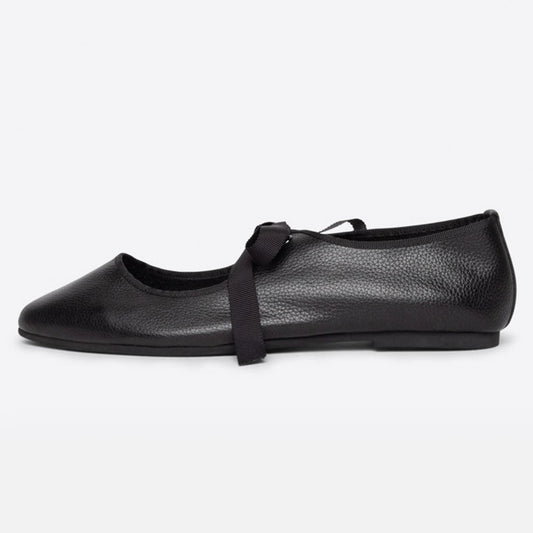 Black Vegan Leather Closed-Toe Lace-Up Comfy Ballet Flats