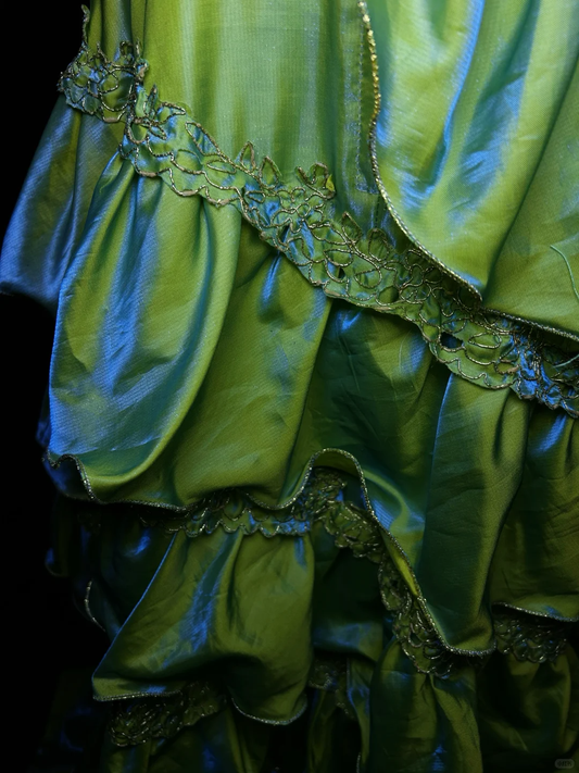 Gorgeous Green Beaded Applique Spaghetti Strap A-Line Satin Ruffles Prom Dress Evening Dress TP4338