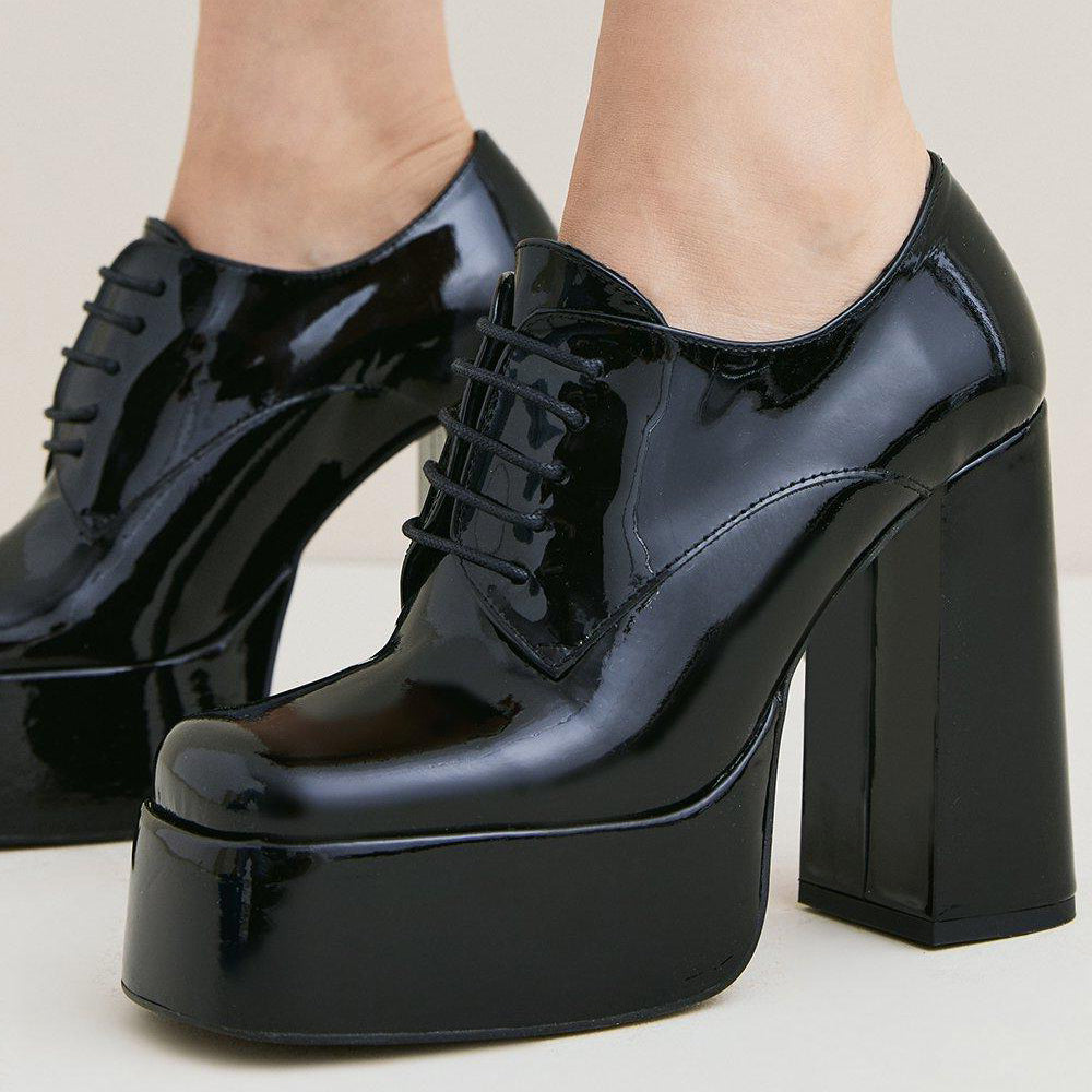 Black Patent Leather Closed Square Toe Lace Up Platform Loafers With Chunky Heels