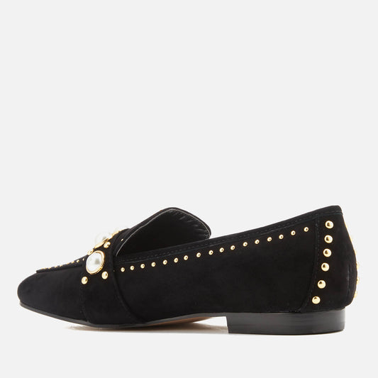 Black Vegan Suede Pearl Studded Embellished Flat Women's Loafers