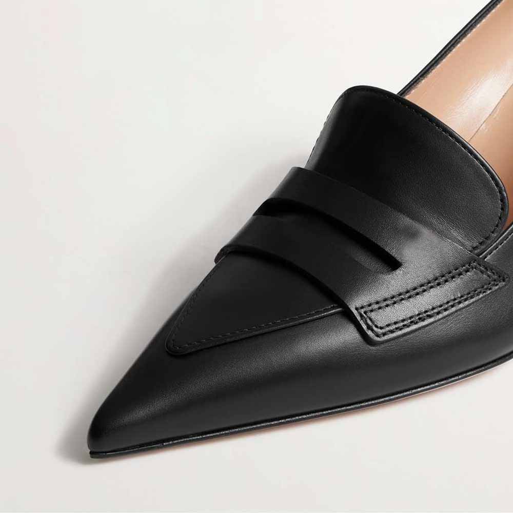 Classic Black Pointed Toe Kitten Heel Penny Loafers for Women
