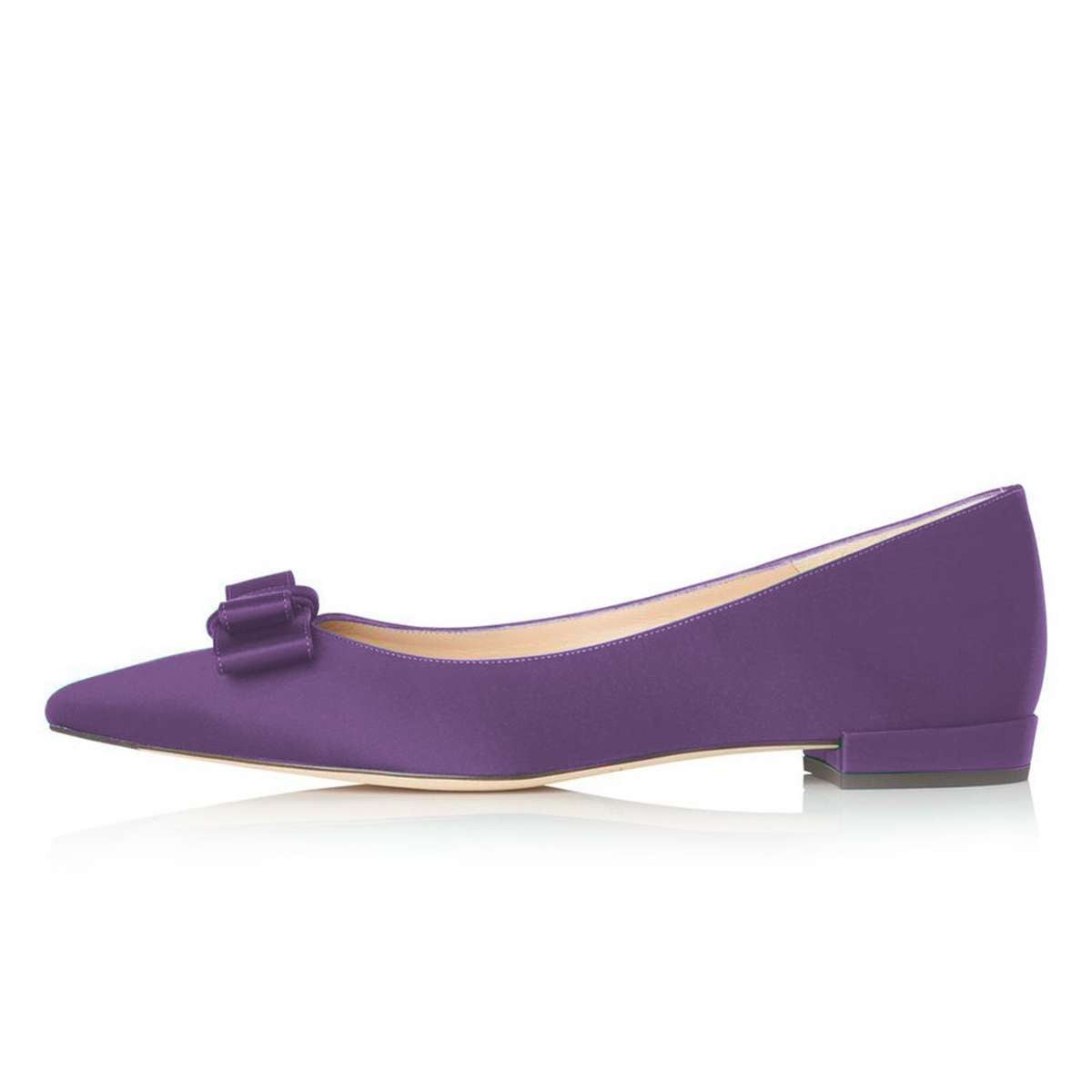 FSJ Purple Satin Women's Pointed Toe Flats with Bow