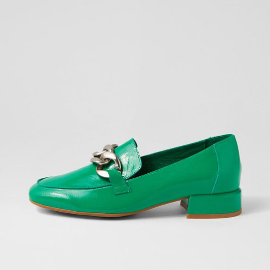 Green Patent Leather Metal Chain Women's Loafers with Block Heel