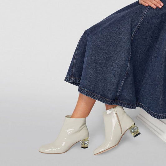 White Closed Toe Decorative Heel Side-Zip Closure Ankle Boots