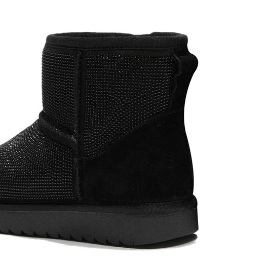 Black Vegan Suede Rhinestone Hotfix Fur Lined Snow Boots for Women