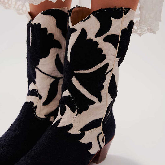 Black & Ivory Almond Toe Chunky Heel Plant Printed Mid Calf Boots