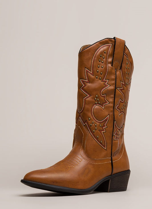 Brown Cowgirl Boots Studs Low Heel Mid Calf Boots