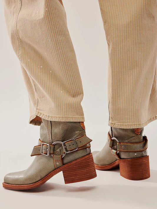 Gray Distressed Square Toe Buckle Studded Block Heel Ankle Boots