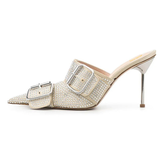 Beige Pointed Toe All-Over Rhinestone Buckle Strap Mule Heels