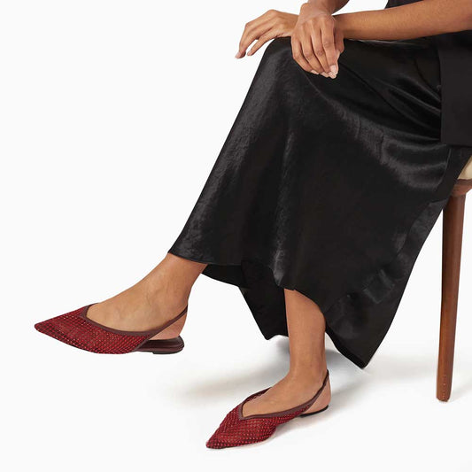 Maroon & Red Pointed Toe Rhinestone Mesh Flats with Slingback Strap