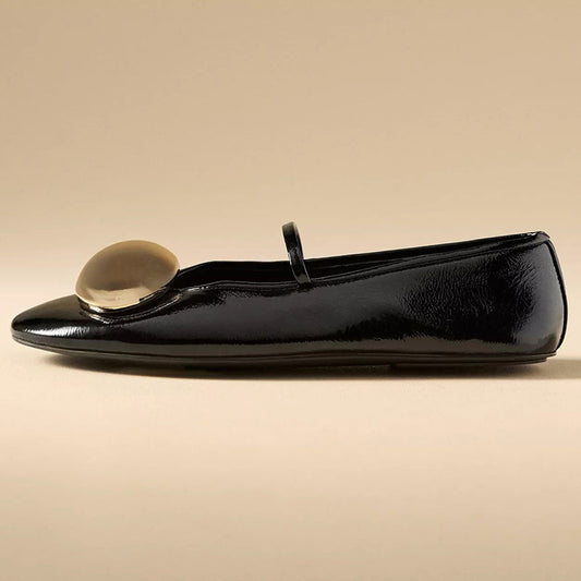 FSJ Comfortable Black Round Toe Gold Oval Ornament Ballet Flats