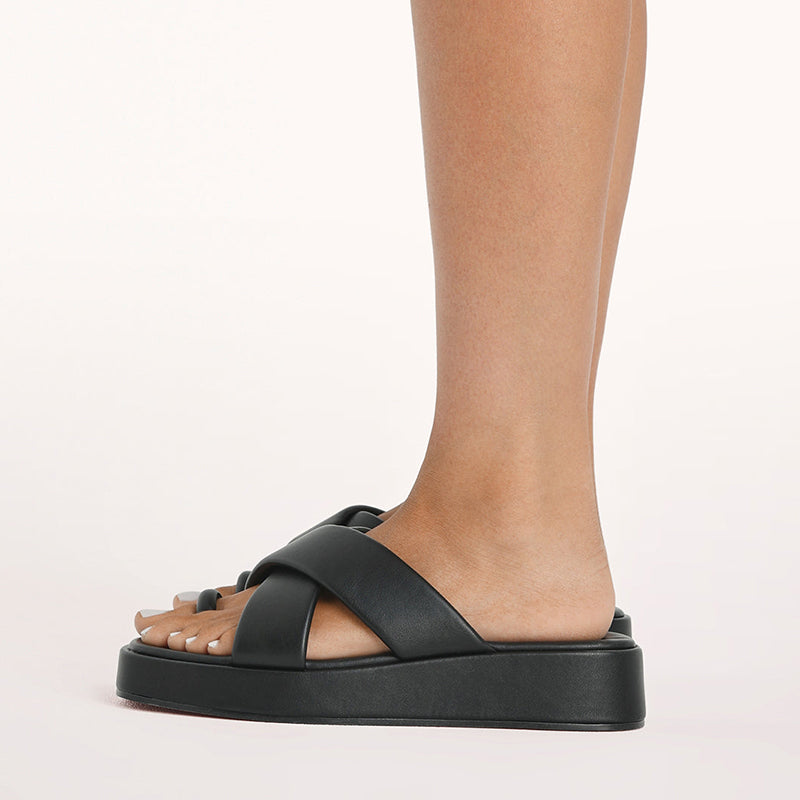 Black Cross Strap Flat Mules Platform Toe Ring Slide Sandals