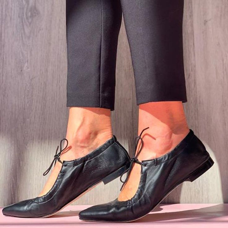 Women's Black Pointed Toe Casual Lace-up Flats