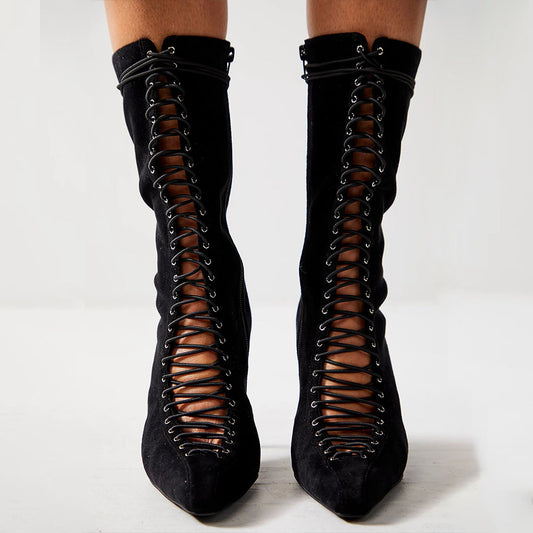 Black Faux Suede Pointed Toe 3'' Stiletto Heel Lace Up Mid Calf Boots