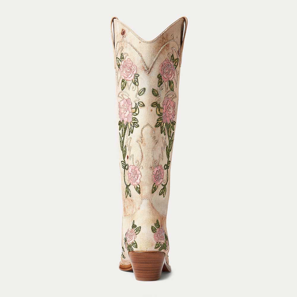 Beige Denim Closed Toe Floral Embroidery Chunky Heel Knee High Boots