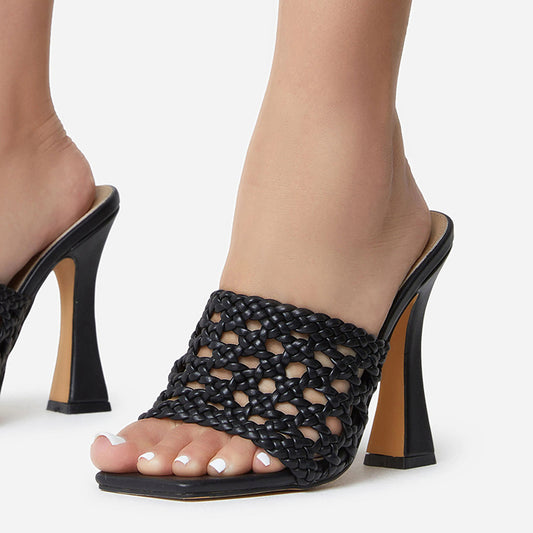 Black Open Square Toe Woven Band Flared Heel Mules Sandals