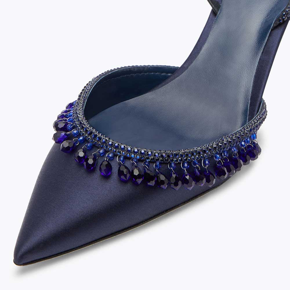 Women's Navy Satin Pointed Toe Rhinestone Kitten Heel Pumps