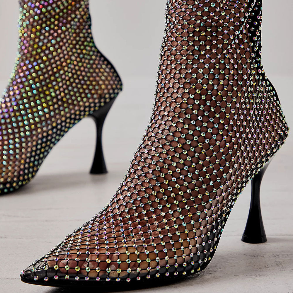 Black Fishnet Rhinestone Pointed Toe Spool Heel Zipper Knee High Boots