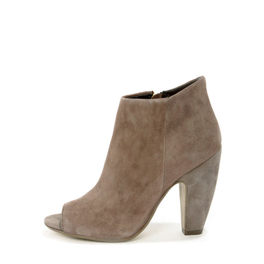 Taupe Vegan Suede Peep Toe Chunky Heel Vintage Ankle Boots with Zip