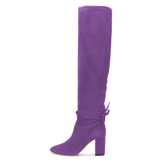 Purple Vegan Suede Ankle Lace-up Chunky Heel Knee High Boots