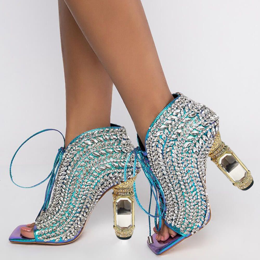 Women's Square Toe Rhinestone Lace Up Boots with Sculptural Heel