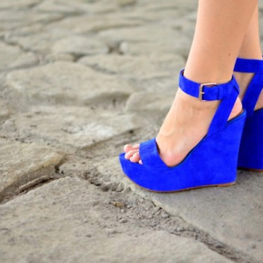 Women's Royal Blue Vegan Suede Ankle Strap Wedge Platform Sandals