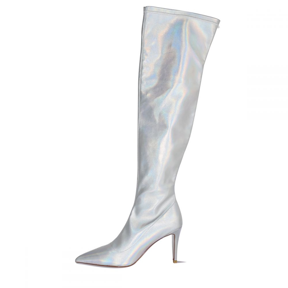 Women's Silver Pointed Toe Holographic Over-the-Knee High Heel Boots