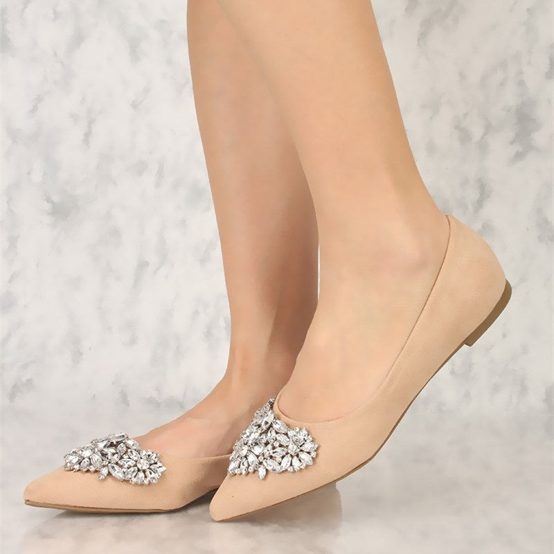 Nude Heart Shaped Rhinestone Embellished Pointed Toe Flats for Women