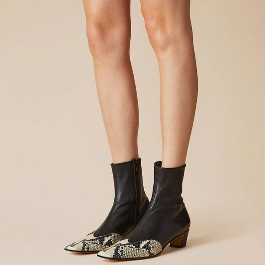 Black Python Embossed Square Toe Zipper Ankle Boots with Chunky Heel