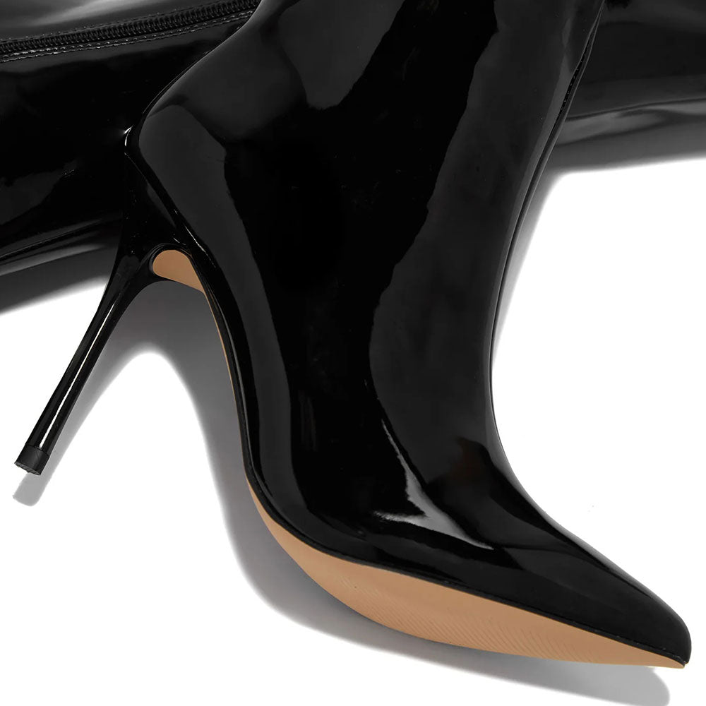 Black Vegan Patent leather Pointed Toe Stiletto Heel Knee High Boots