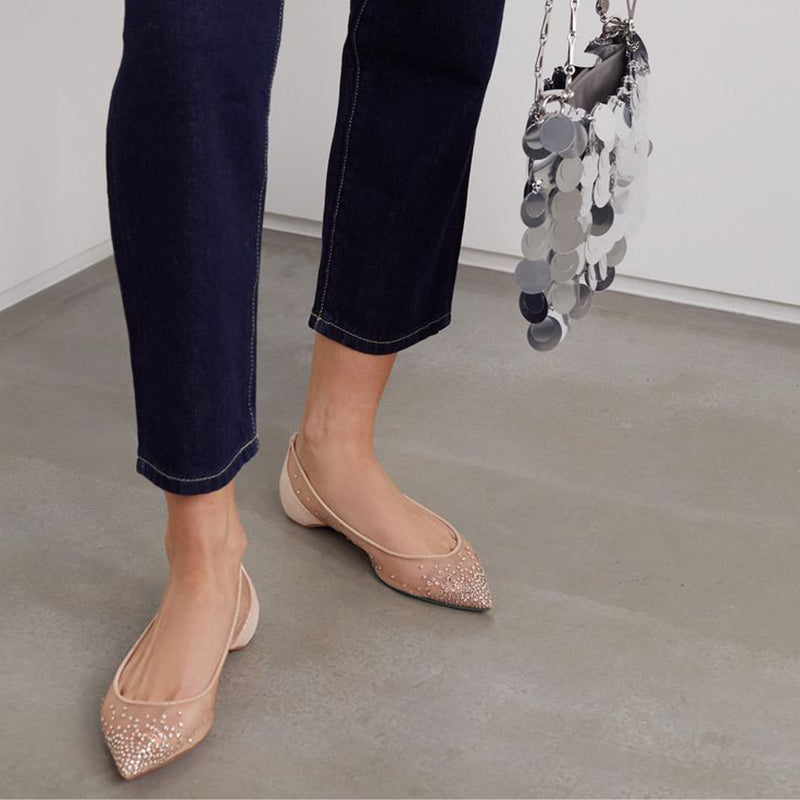 FSJ Women's Nude Pointed Toe Rhinestone Mesh Bride Flats