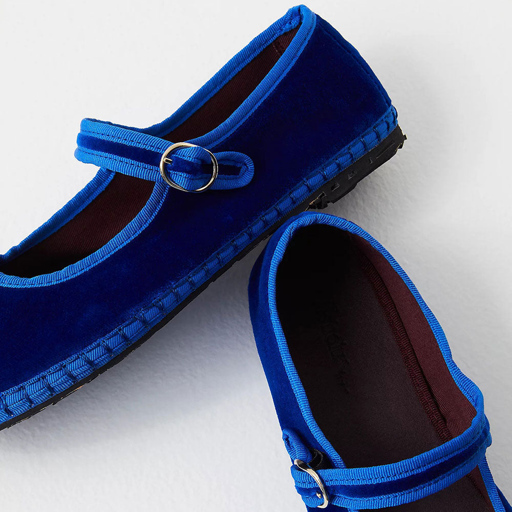Blue Velvet Round Toe Buckle Strap Mary Jane Flats