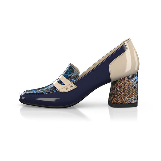 Navy & Beige Patent Leather Snakeskin Print Block Heeled Loafers