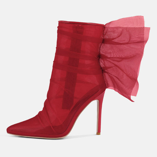 Women's Sexy Red Organza Wrapped Ankle Boots with Stiletto Heel