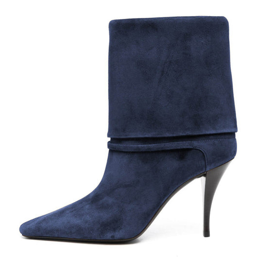 Women's Navy Stiletto Heel Fold Over Vegan Suede Ankle Boots