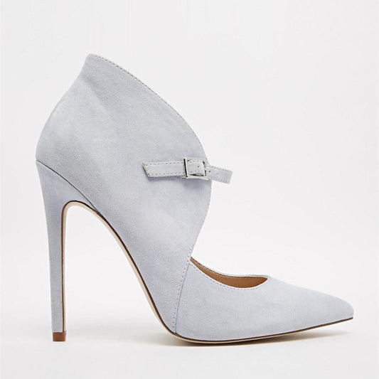 Elegant Light Grey Vegan Suede Pointed Toe Buckle Strap Pumps Heels