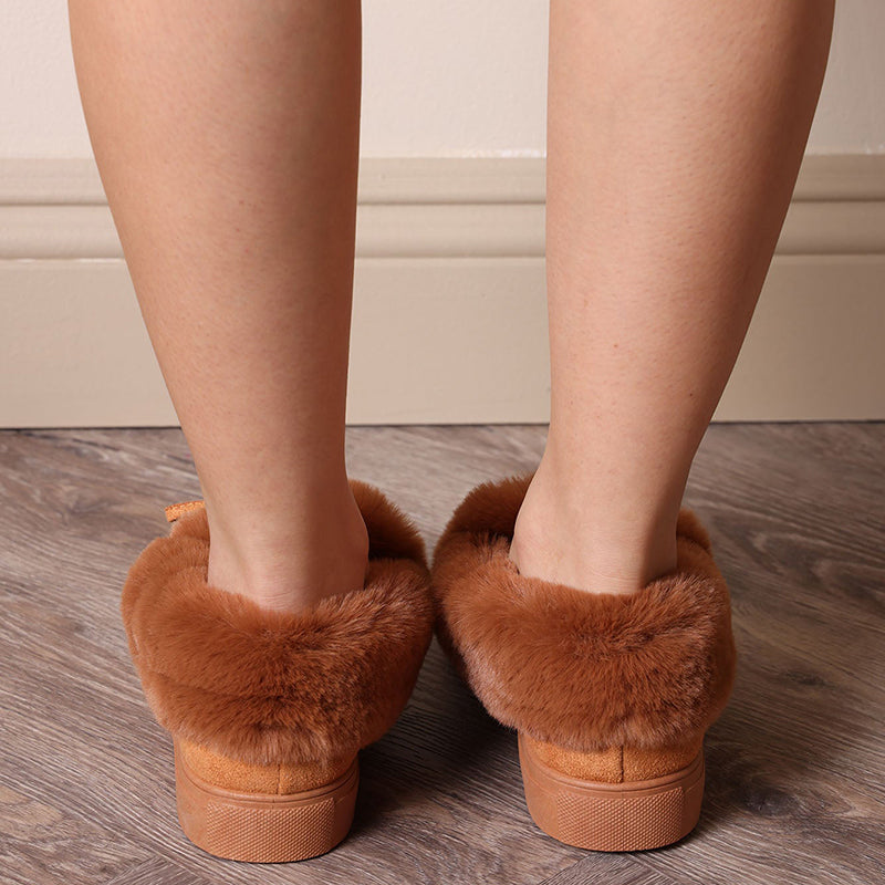 Brown Vegan Suede Round Toe Bow Flats Furry Loafer Shoes for Women