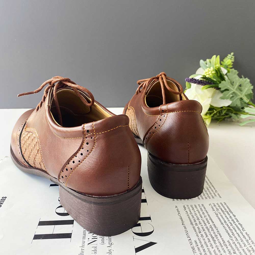 Brown Vegan Leather Round Toe Flat Lace Up Woven Inlay Oxford Shoes