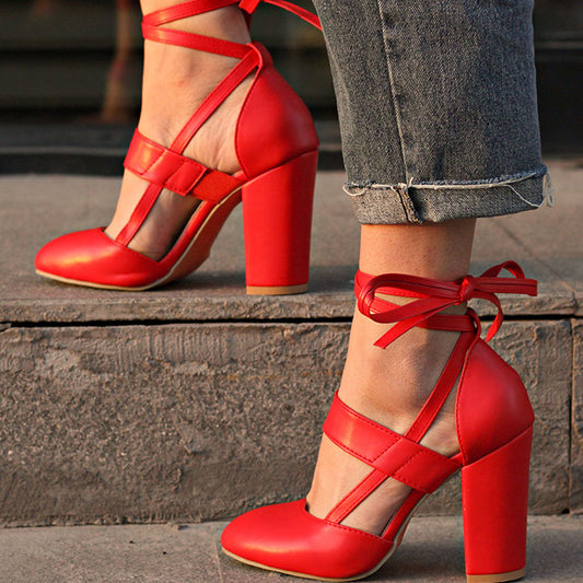 Women's Red Round Toe Ankle Wrap Block Heel Pumps