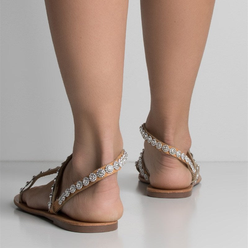 Camel Rhinestone Embellished Strappy Flats Toe Ring Sandals