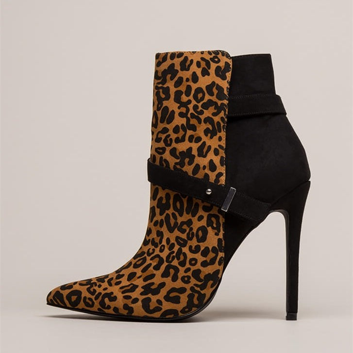 Black & Brown Leopard Print Pointed Toe Stiletto Heel Ankle Boots